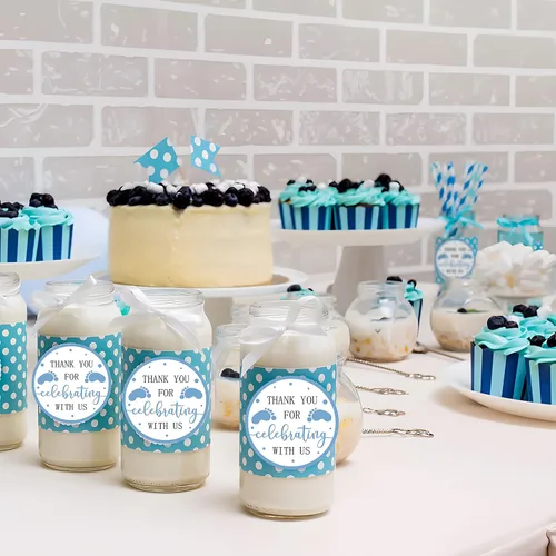 Vista 4 de Calcomanías de recuerdo de baby shower, 240 unidades para niño, tema de pies azules de 2 pulgadas, huella, agradecimiento por celebrar con nosotros