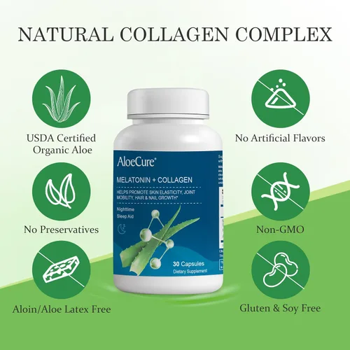 Vista 4 de AloeCure Melatonina natural + colágeno con aloe vera orgánico – Suplemento natural para dormir para noches reparadoras – Complejo de colágeno