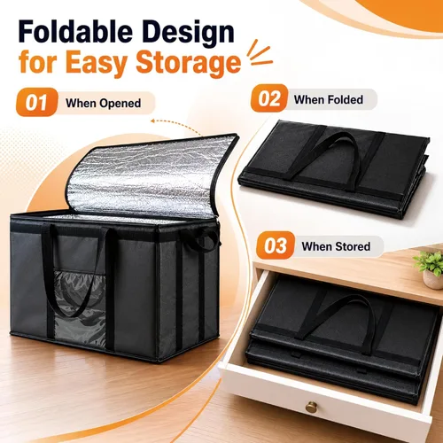 Vista 4 de Bolsa térmica XXL aislada y calentador de alimentos para entrega y compras de comestibles con parte superior con cremallera, color negro