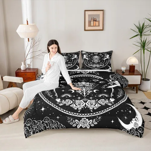 Vista 18 de Juego de edredón de champiñones para niños, tamaño individual, juego de ropa de cama romántica con sol, luna, cielo estrellado y galaxia, decoración