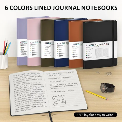 Vista 6 de Cuaderno diario rayado para mujeres y hombres, 200 páginas A5 diarios de tapa dura de cuero para escribir, viajes, escuela, oficina, trabajo, Negro