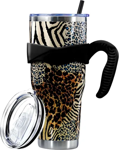 Vista 12 de Sunmdecor Vaso de 40 onzas con asa y pajitas de silicona, vaso aislado de café con asa, vaso de 40 onzas con asa