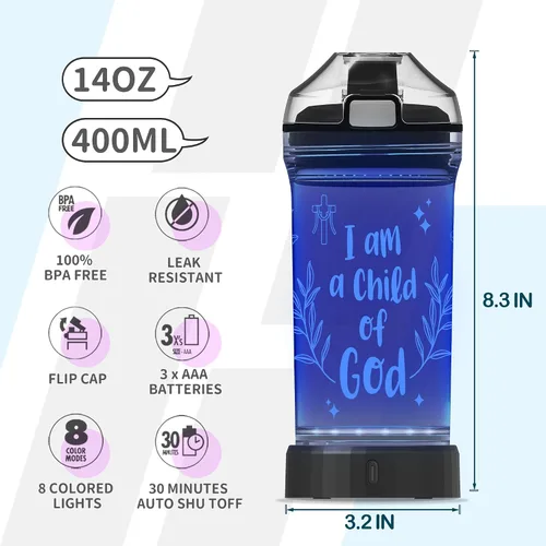 Vista 6 de CoolGift Mart Botella de agua iluminada con diseño "Soy un niño de Dios", taza de bebida de 14 onzas, sin BPA, regalo de bautismo ideal