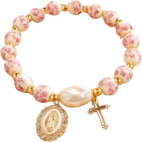 Vista 6 de Pulsera elástica de Virgen María con dije de cruz – Cristal de perlas multicolor con cuentas de joyería religiosa católica para mujer, regalo