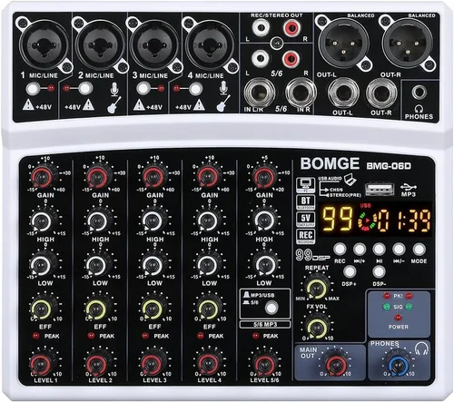 Vista 10 de BOMGE Mezclador de sonido de audio de 6 canales – Consola de mezcla de DJ digital profesional para transmisión en vivo, karaoke y grabación estéreo