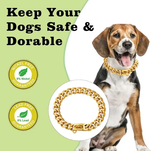 Vista 6 de Collar de perro de acero inoxidable chapado en oro de 18 quilates con cierre de seguridad de 15 mm de eslabones cubanos resistentes para perros