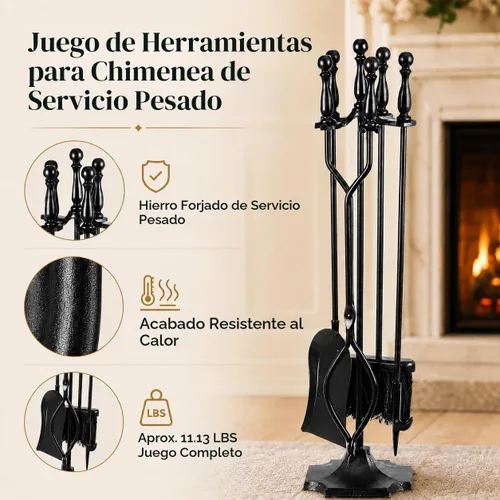 Vista 4 de JupiterForce Juego de 5 Piezas de Herramientas para Chimenea para Interiores y Exteriores de Hierro Forjado, Juego Grande de Herramientas