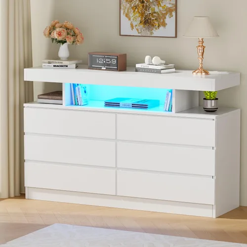 Vista 10 de BEWISHOME Cómoda negra para dormitorio con estación de carga y luces LED, cómoda de 6 cajones, cómodas de madera para armario, cómodas modernas