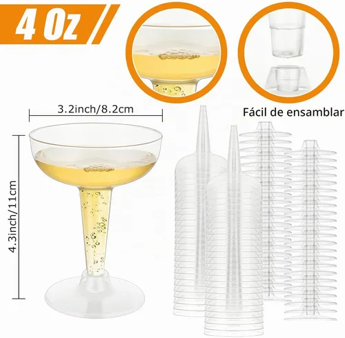 Vista 2 de Paquete de 100 vasos de plástico para champán, copas de champán desechables de plástico para fiestas, 4 onzas, copas de vino de Martini Margarita
