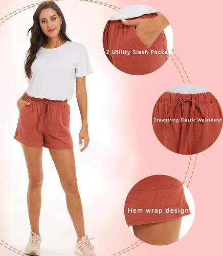 Vista 3 de NEYOUQE Pantalones cortos cómodos de algodón y lino para mujer, con cintura elástica y bolsillo