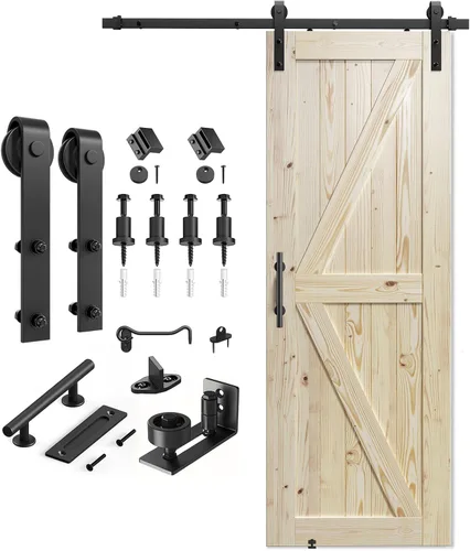 Vista 13 de SMARTSTANDARD Puerta corredera de granero de 24 x 84 pulgadas con kit de herrajes para puerta de granero de 4 pies incluido, puerta de madera maciza