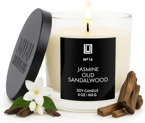 Vista 3 de Lulu Candles Jazmín, Oud y sándalo, vela perfumada en tarro de soja de lujo, vertida a mano en los Estados Unidos, altamente perfumada de larga