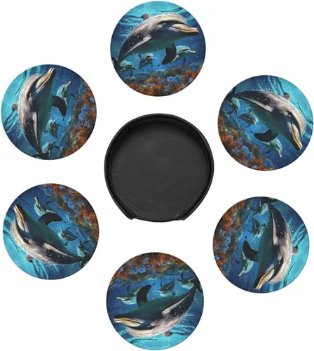 Vista 5 de Juego de 6 posavasos de cuero con estampado de delfines con soporte para vasos o bebidas calientes o frías, mesa de centro de madera