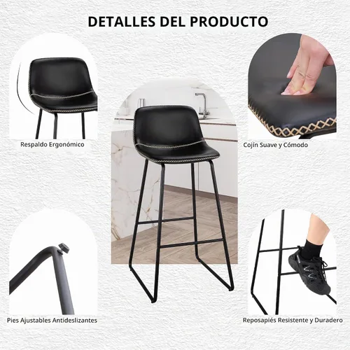 Vista 3 de HeuGah Juego de 2 taburetes de bar de piel sintética, sillas de comedor con patas de metal y respaldo suave, fáciles de montar Negro