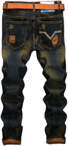 Vista 2 de utcoco Pantalones de mezclilla clásicos para hombre, corte delgado, cintura media, pierna recta, agujeros rasgados, rasgados, jeans
