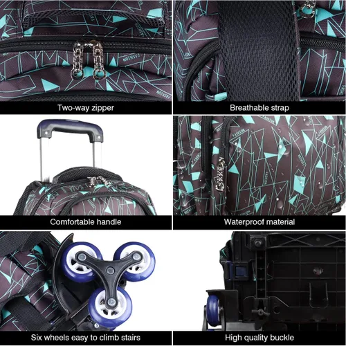 Vista 8 de VILINKOU - Mochila escolar de alta capacidad para niñas y niños, bolsas de carretilla rodante, seis ruedas para escalar escaleras, Varios