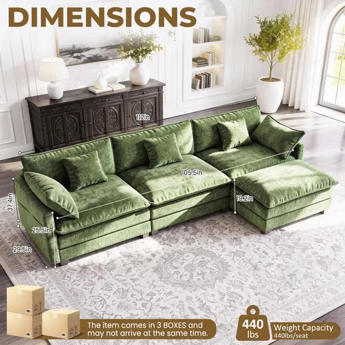 Vista 3 de Sofá modular en forma de L de 112 pulgadas con 1 otomana, cama convertible de nube de asiento profundo, 3 cojines de 2 brazos, cómodos muebles Verde