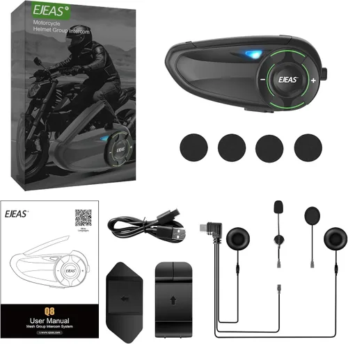 Vista 7 de EJEAS Q8 Intercomunicador Bluetooth para casco de motocicleta, nuevo sistema de intercomunicación de grupo Mesh 3.0 con intercambio de música