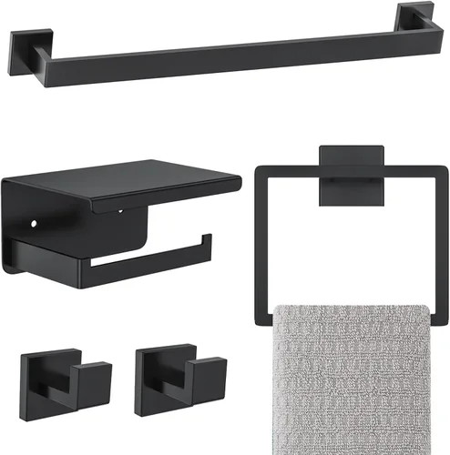 Vista 7 de Juego de Accesorios de Ferretería de Baño Negro y Dorado de 5 Piezas Juego de Barra de Toallas de Acero Inoxidable Juego de Soporte de Toallas Barra