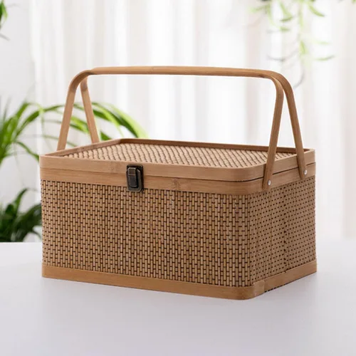Vista 4 de Alipis Cesta de bambú con tapa, cesta de picnic de bambú con tapa y asa, cesta de almacenamiento tejida, cesta de pan de frutas, organizador