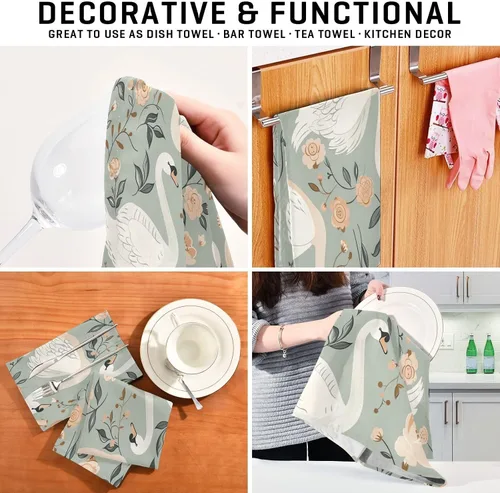 Vista 7 de GAIREG Swans and Retro Floral Dish Rag Set, 28x18 Inches Absorbent Printed Hand Towels, Set of 6