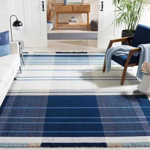 Vista 10 de SAFAVIEH Striped Kilim Collection STK707M - Alfombra de lana de tejido plano de 2 pies 3 pulgadas x 8 pies, color azul/beige