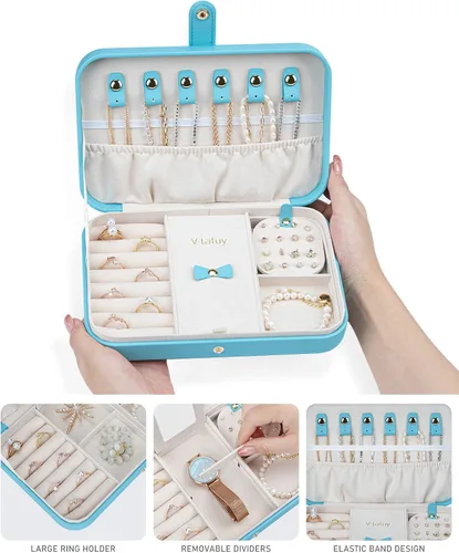 Vista 2 de V-LAFUY Joyero de viaje pequeño con espejo, caja de joyería portátil de viaje para mujeres y niñas, estuche de joyería para viajes, azul N