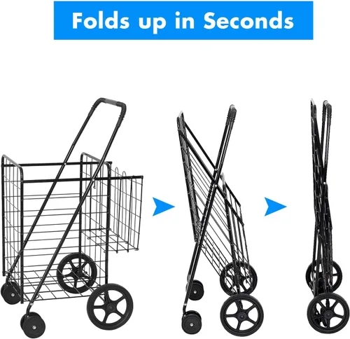 Vista 5 de Carrito de compras de comestibles, carrito plegable y resistente con ruedas giratorias de 360° y cesta adicional, carrito ligero para equipaje