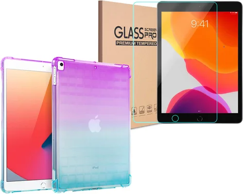 Vista 5 de KIQ Funda para iPad 10.2, 9ª, 8ª y 7ª generación, con protector de pantalla de vidrio templado, TPU colorido a prueba de golpes, compatible con verde