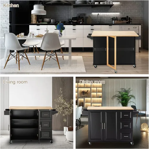 Vista 3 de Isla de cocina con mesa de madera de goma extensible, carrito de servicio móvil para microondas con estante de especias y asa, carrito grande