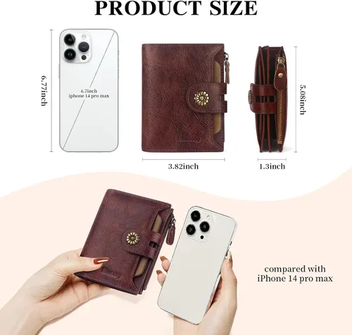 Vista 4 de Cartera de cuero con doble pliegue para mujer, bloqueo RFID, tarjetero compacto, cartera pequeña con ventana para identificación extraíble, Retro