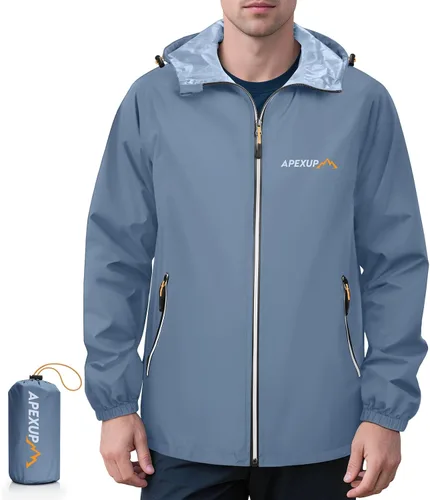 Vista 10 de APEXUP Chaqueta de lluvia empacable para hombre con cremallera reflectante, impermeable ligero, chaqueta de lluvia para hombre para deportes al aire