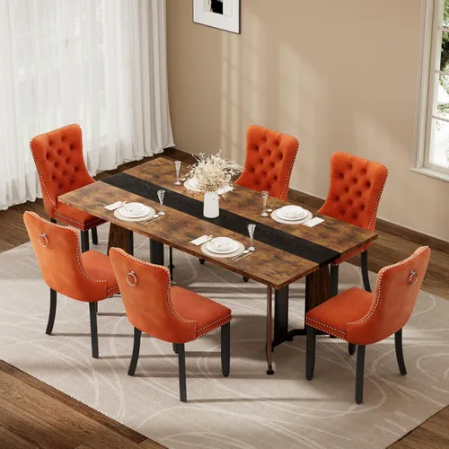 Vista 19 de Juego de mesa de comedor de 5 piezas con 4 sillas, mesa de comedor rectangular de madera de 71 pulgadas con sillas de comedor de terciopelo, tablero