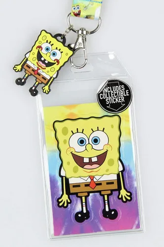 Vista 2 de Bob Esponja y Patrick Riding Krabby Patties - Cordón de identificación con soporte desmontable para insignia, dije de goma y calcomanía coleccionable