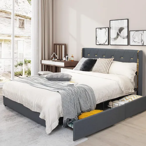 Vista 10 de KOTEK Base de cama tapizada de tamaño matrimonial con 4 cajones, base de cama de plataforma con cabecera copetuda con botones y soporte de listones