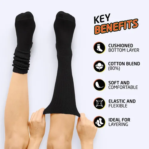 Vista 3 de HOT FEET Calcetines holgados para niñas, paquete de 6 calcetines altos apilados, calcetines largos de mezcla de algodón cálido para niños