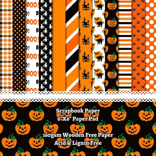 Vista 10 de Papel para álbum de recortes de Halloween, 24 hojas de 6 x 6 pulgadas, diseño de calabaza, araña, fantasma, murciélago, papel para hacer tarjetas