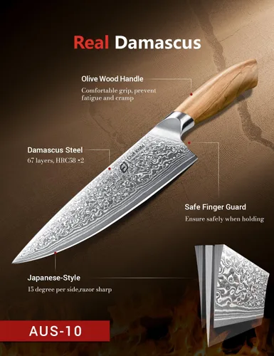 Vista 3 de Juego de cuchillos de cocina de Damasco Emojoy, 3 piezas de cuchillos de chef japoneses, cuchillo de 67 capas de Damasco con mango de madera