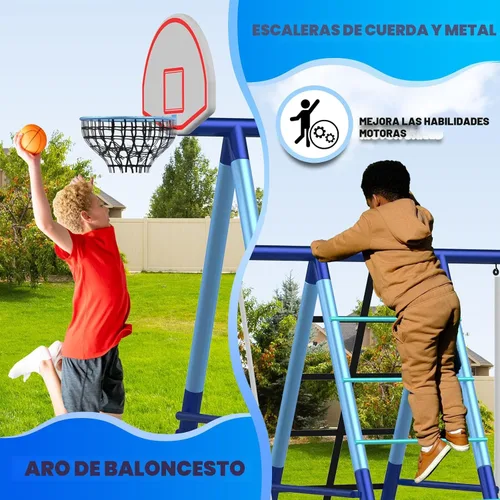 Vista 6 de Sportspower Ramona - Juego de columpio de metal 7 en 1: 3 columpios, escalera de escalada y red, aro de baloncesto y tobogán moldeado por soplado