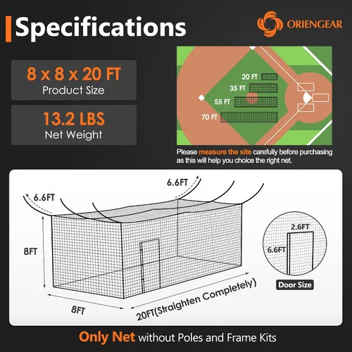 Vista 2 de ORIENGEAR Baseball Batting Cage Nets, ONLY NET, 70'L/55'L/35'L/20'L Baseball and Softball Cage Netting, 1.88" #45 Mesh, Professional Fully Enclosed