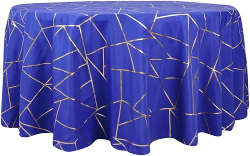 Vista 7 de Efavormart - Mantel redondo de poliéster de 120 pulgadas con patrón geométrico de lámina dorada Azul real