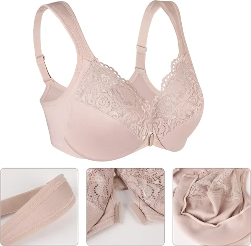 Vista 6 de Lemorosy Brasier para mujer, talla grande, sin relleno, cierre frontal, espalda cruzada, con aros, para uso diario