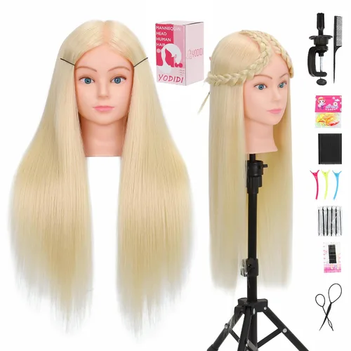 Vista 10 de Cabeza de maniquí con cabello humano para cosmetología - Cabeza de muñeca con 80% cabello humano para práctica de peinado, cabeza de práctica