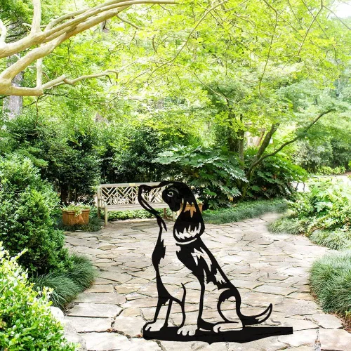 Vista 7 de Adorable decoración de estaca de perro para patio, jardín, al aire libre, arte de metal, silueta de perro, estatua de perros de acero, adorno