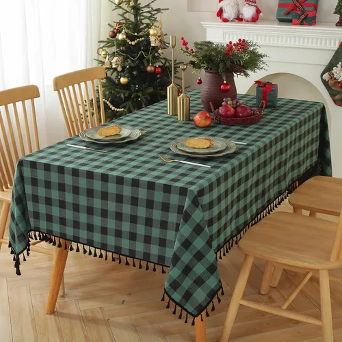 Vista 10 de JIALE - Mantel cuadrado de lino de algodón de cuadros Gingham con borlas, lavable, sin arrugas, mantel a cuadros de búfalo para fiesta al aire Beige