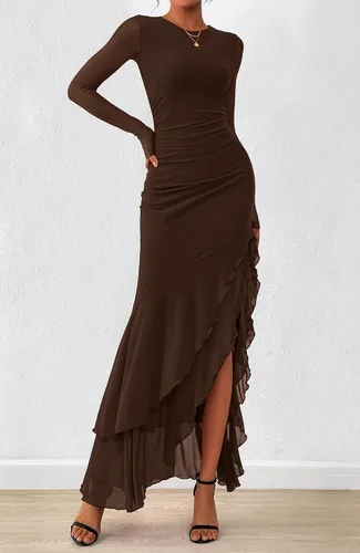 Vista 4 de BTFBM Maxi vestidos de mujer otoño 2026 manga larga vestido de invitada de Café
