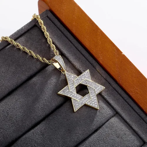 Vista 4 de TOPGRILLZ Collar con dije de estrella de David para hombre, chapado en oro de 14 quilates, cadena de cuerda de acero inoxidable