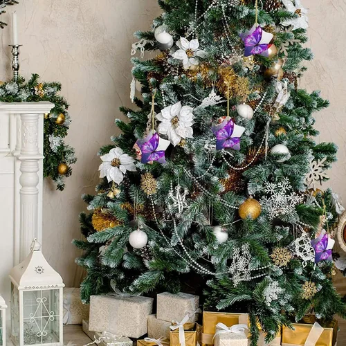 Vista 3 de Adornos de árbol de Navidad colgantes de mariposa morada, adornos de cerámica, decoración de porcelana de Navidad, adorno colgante para el hogar