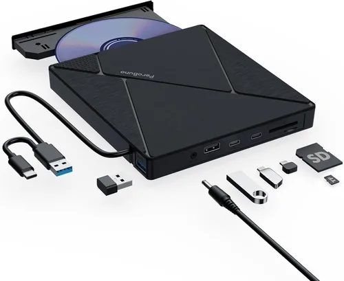Vista 11 de PeroBuno Unidad externa de CD DVD, unidad óptica USB 3.0 tipo C, lector de discos CD ROM DVD ultradelgado de 0.5 pulgadas, portátil
