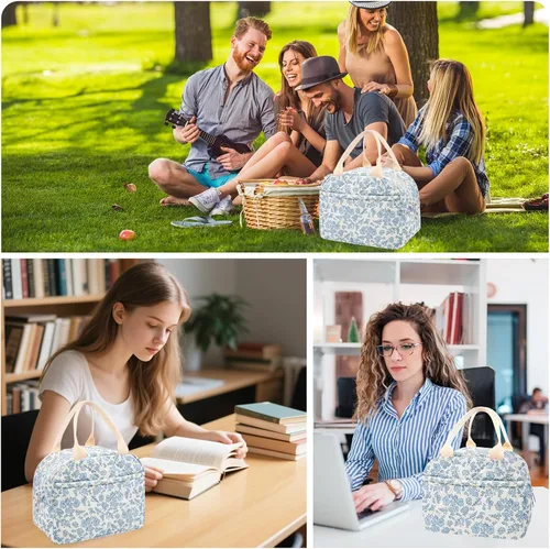 Vista 7 de Lonchera acolchada de algodón aislada, bonita bolsa acolchada con estampado floral, reutilizable, aislada, coqueta, de gran capacidad, hielera